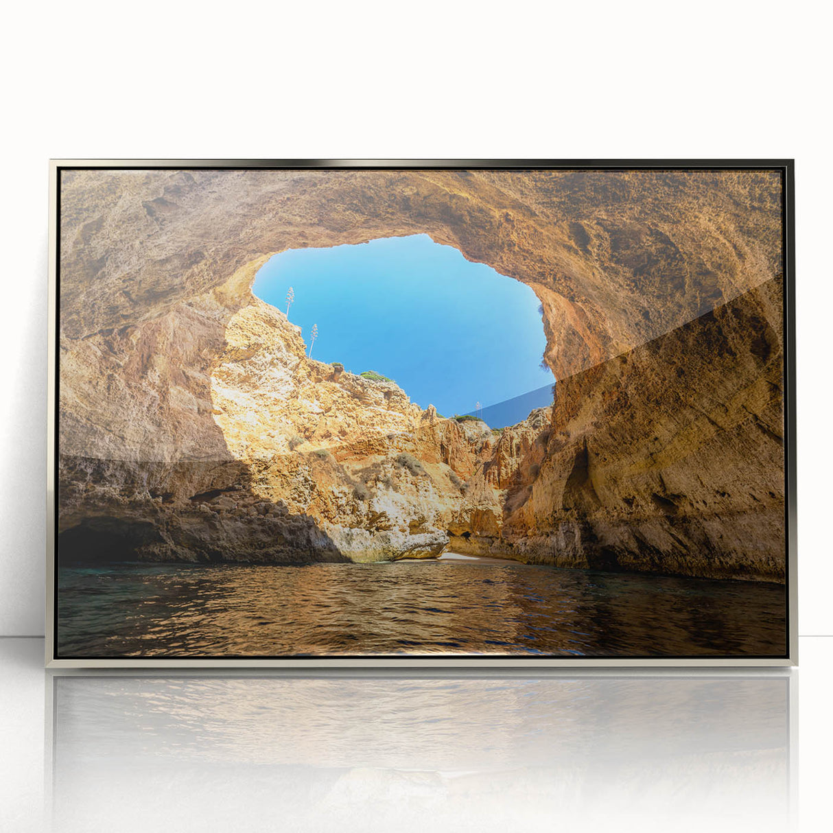 Large art print of a European scenery in Portugal, displayed in a silver-framed acrylic.