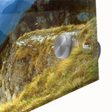 Large abstract wall art featuring a Romanian landscape in muted earth tones on acrylic glass, ideal for dining room ambiance.