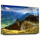 Acrylic print of a Romanian landscape in muted greens and blues, suitable for bedroom or dining room decor.