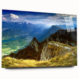 Large abstract wall art of a Romanian landscape in vibrant green and blue tones, acrylic print.