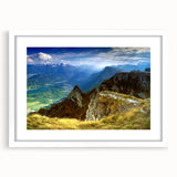 Textured abstract art print of a European scenery in muted earth tones, framed with a white mat, suitable for bedroom decor.