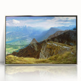 Large art print of a Romanian landscape in muted colors on a silver-framed acrylic, suitable for modern art wall decor.