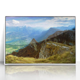 Mid-century modernist art depicting a serene Romanian landscape in muted earth tones on a framed acrylic print.