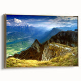 Framed canvas featuring a vintage-style landscape painting of a Romanian scenery in muted earth tones.