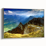 Landscape art painting of a Romanian scenery on framed canvas, featuring vibrant colors against a black backdrop.