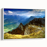 Vintage poster art of a Romanian landscape in vibrant colors on a large framed canvas, ideal for living room decor.