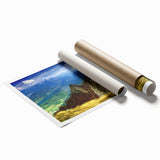 Rolled print of a Romanian landscape with vibrant greenery and floral elements.