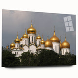 Large abstract wall art of Moscow skyline in muted gray and blue tones on acrylic glass.