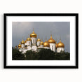 Extra large abstract art print of colorful, textured Moscow scenery on a black framed mat, ideal for living room decor.