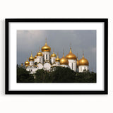 Extra large abstract art print of colorful, textured Moscow scenery on a black framed mat, ideal for living room decor.