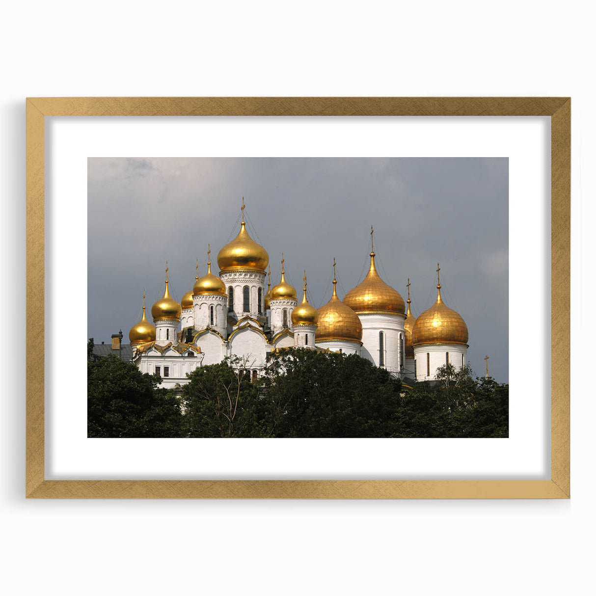 Abstract art print of Moscow skyline in muted gold and black tones, framed with a mat, suitable for dining room decor.