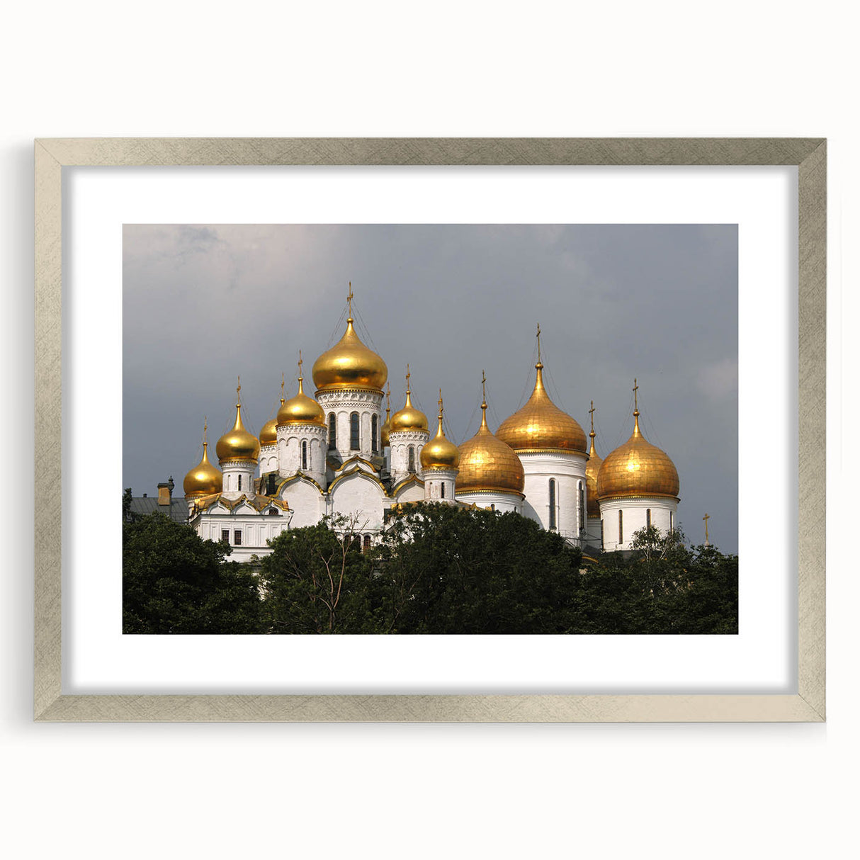 Extra large framed abstract art print of Moscow skyline in textured silver, ideal for living room decor.