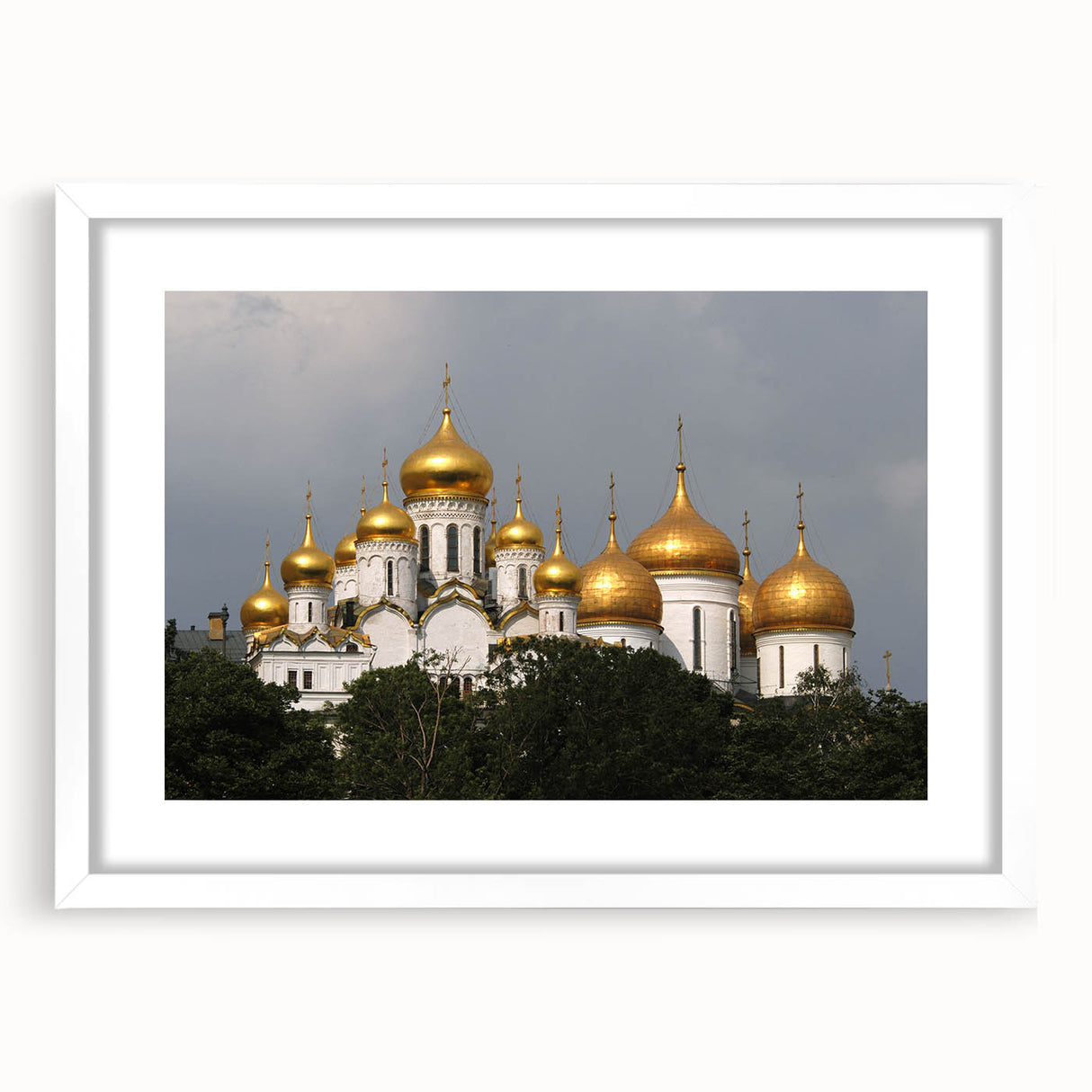 Textured art print of an abstract Moscow cityscape in muted gray and blue, framed in white, ideal for bedroom wall decor.