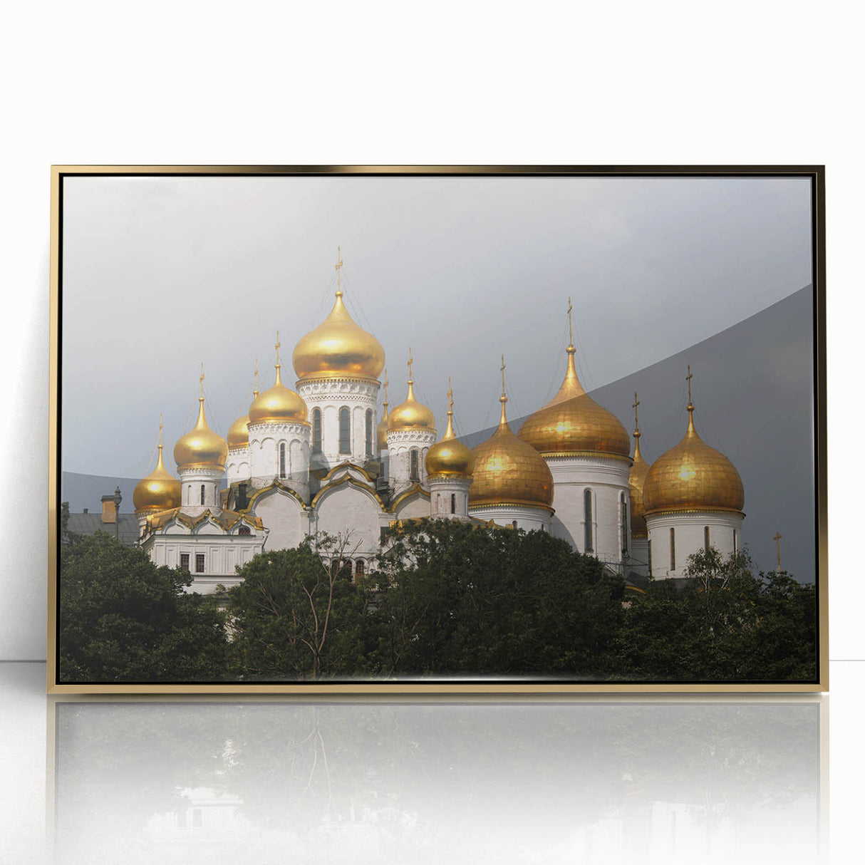 Art deco poster of Moscow skyline in gold and black tones on acrylic framed print, suitable for modern art wall decor.