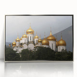 Large art print of Moscow skyline in muted gray and silver tones on a framed acrylic, suited for modern nursery decor.