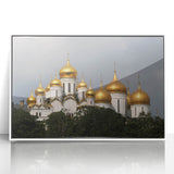 Mid-century modernist art depicting a Moscow cityscape in muted gray and blue tones on a framed acrylic print.