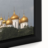 Extra large framed canvas of a textured Moscow cityscape in muted black with colorful accents, ideal for living room decor.