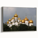 Framed canvas of a Moscow landscape featuring the colorful Saint Basil's Cathedral against a black sky.