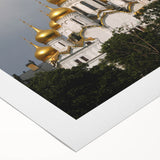 Art deco poster of Moscow skyline in muted earth tones on rolled canvas, suitable for dining room decor.