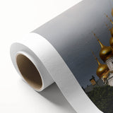 Art deco poster of Moscow skyline in pastel shades on rolled canvas, ideal for nursery wall art or dining room decor.