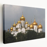 Side view of a stretched canvas depicting the Moscow skyline in muted gray and blue tones, suitable for kitchen wall art.