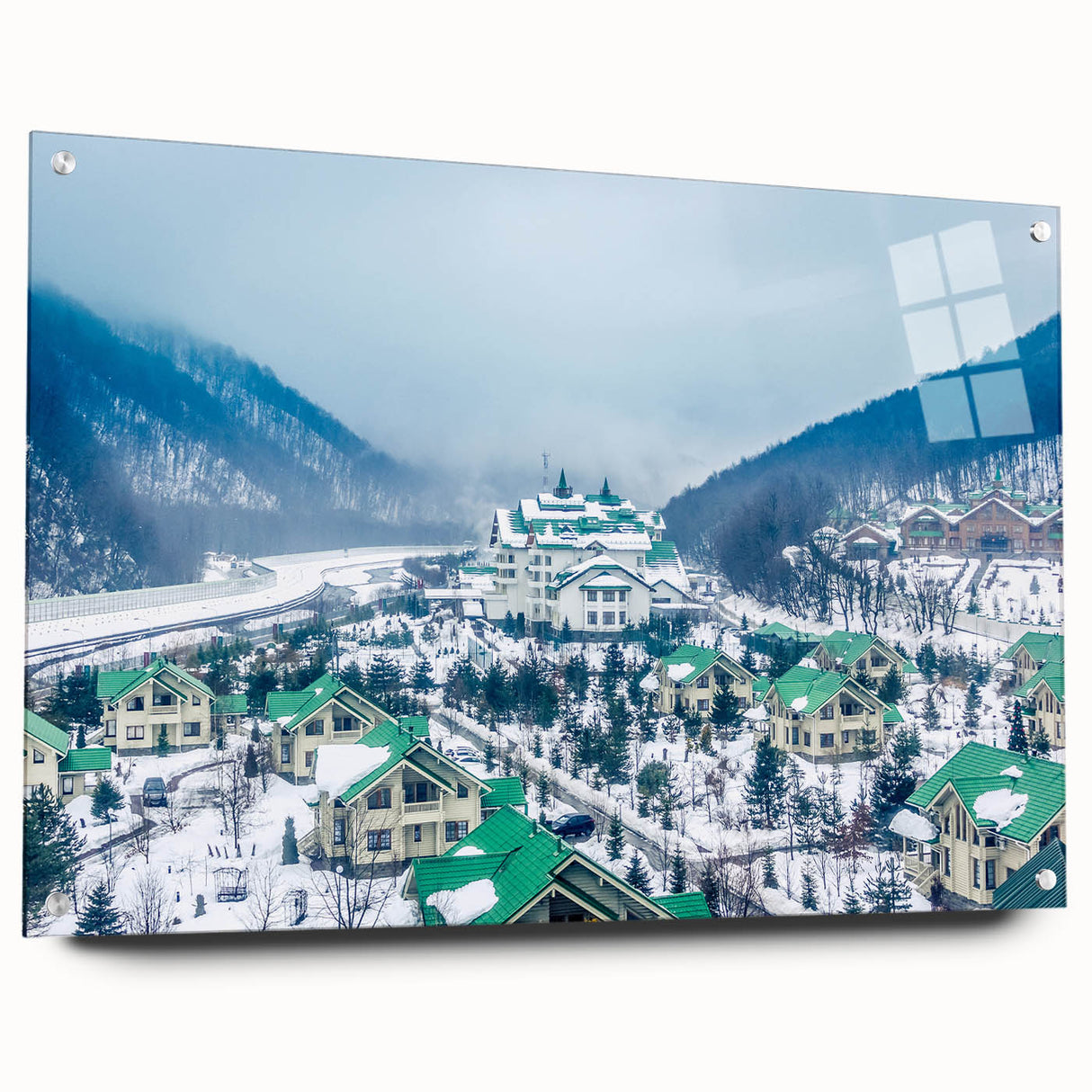 Acrylic print of Sochi, Russia with vivid blue and green tones, ideal for dining room decor.