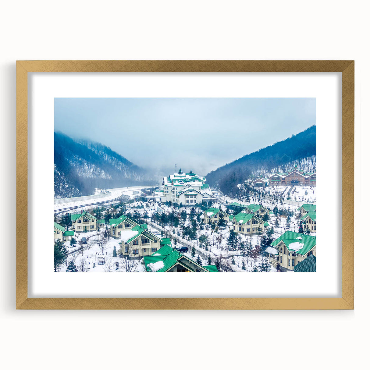 Abstract art print of Sochi scenery in muted earth tones, framed in gold with a mat, suitable for dining room decor.