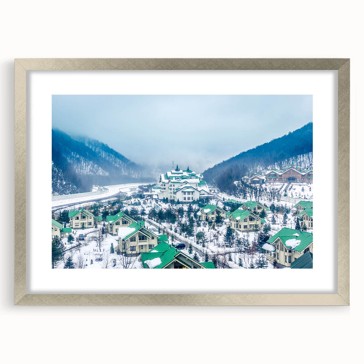 Extra large textured abstract art print of a European scenery in muted earth tones, framed in silver.