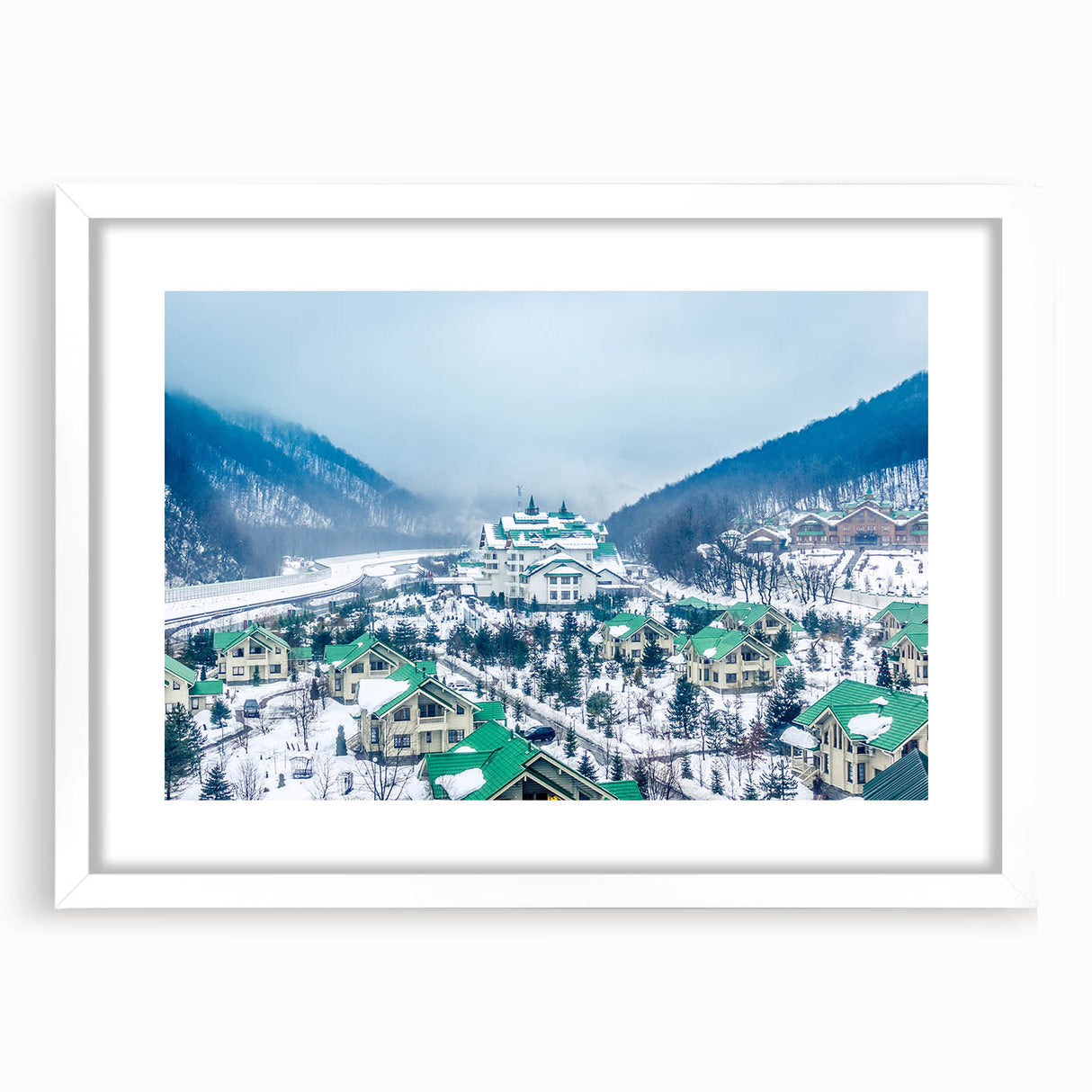 Textured abstract art print of Sochi scenery in muted earth tones on a framed white mat, ideal for bedroom art.