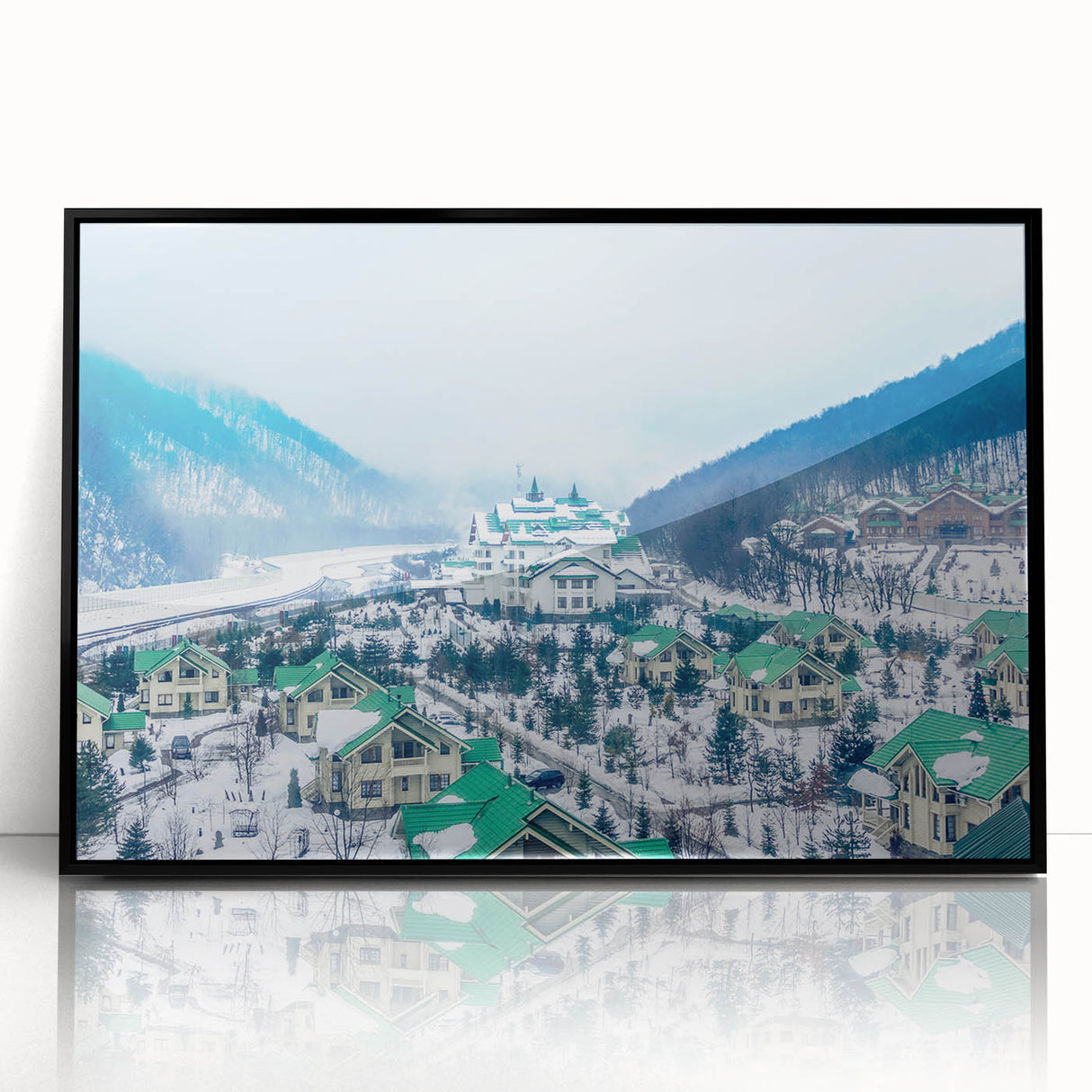 Large abstract wall art of Sochi, Russia, in muted gray and blue tones on a framed acrylic.