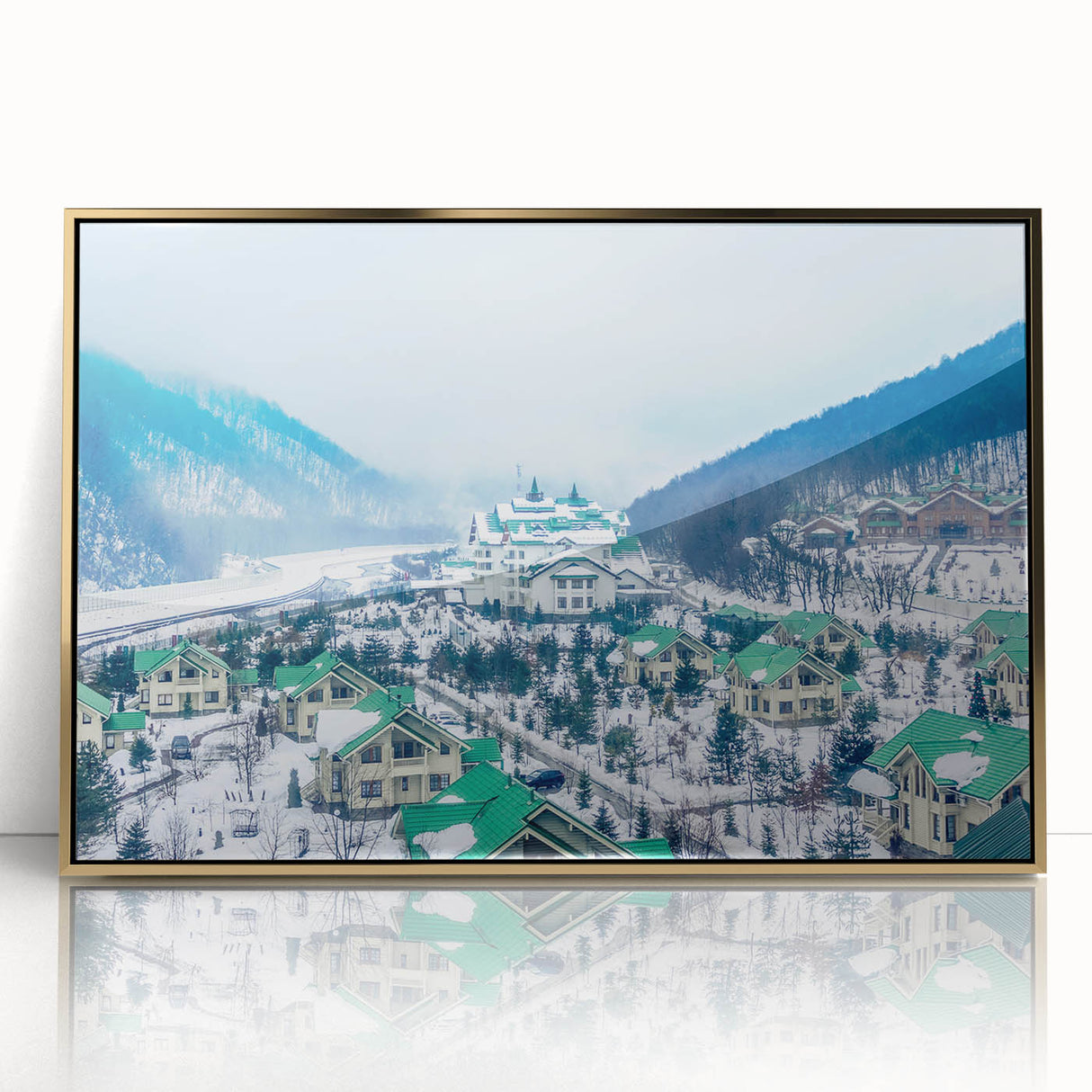 Art Deco style poster of Sochi, Russia, in muted gold and blue hues on acrylic framed material.