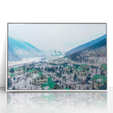 Mid-century modernist art depicting Sochi landscape in muted pastels, acrylic framed, suitable for nursery wall art.