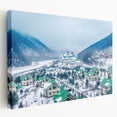 Side view of a stretched canvas featuring a detailed European scenery in Sochi with green and blue tones.