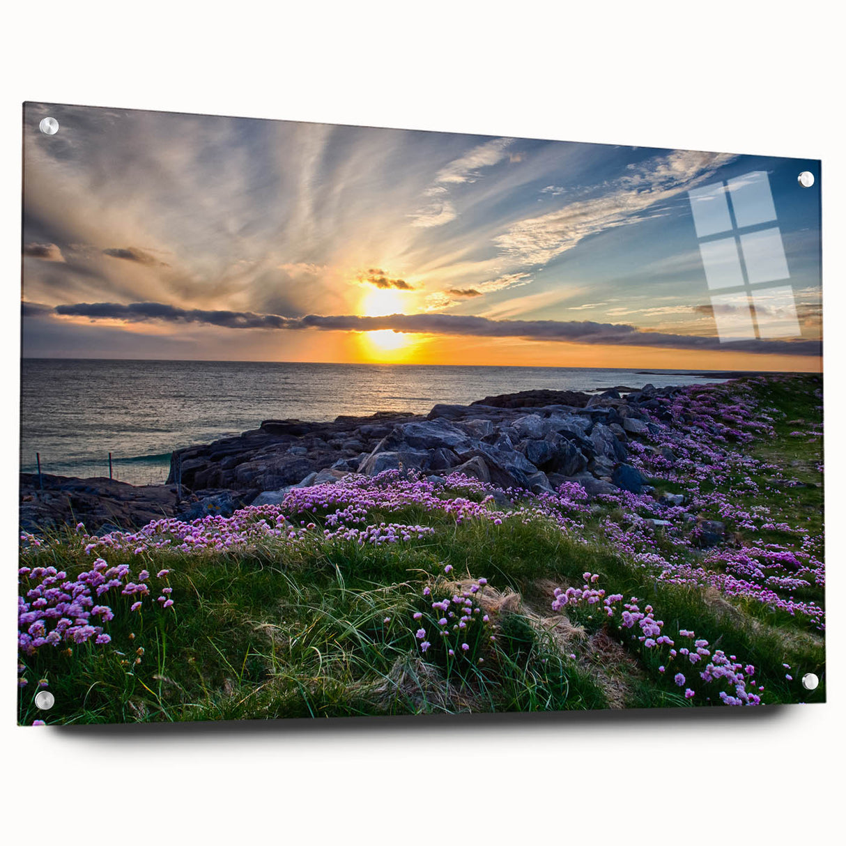 Acrylic print of a Scottish landscape, featuring muted green and blue tones, ideal for dining room wall art.