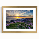 Abstract art print of a Scottish landscape in muted earth tones, framed in gold, suitable for dining room decor.