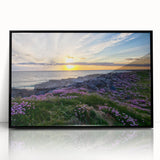 Large abstract wall art depicting a serene Scottish landscape, in muted greens and blues, framed acrylic.