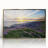 Acrylic print of a serene Scottish landscape, featuring muted green and gold tones, in an art deco style.