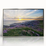 Large acrylic print of a serene Scottish landscape in muted green and blue tones, framed in silver.