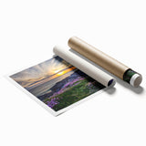 Rolled print of a Scottish landscape with muted green and blue tones, ideal for classy bathroom wall art.