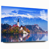 Large abstract acrylic print of a Slovenian landscape in muted green and blue tones, ideal for bedroom or dining room art.