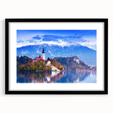 Extra large abstract art print of a colorful Slovenian landscape, framed in black with mat, ideal for living room decor.