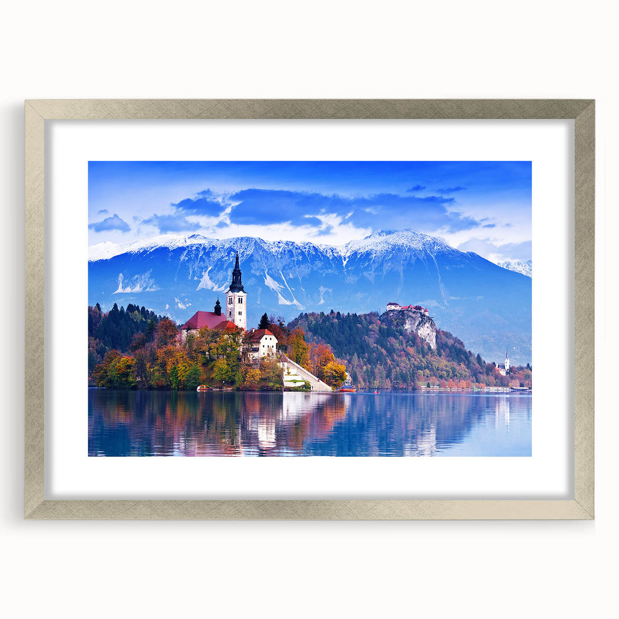 Abstract art print of a European Slovenian landscape in muted green and blue tones, framed with a silver mat.