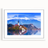 Extra large wall art featuring an abstract print of a Slovenian landscape in textured tones of blue and green.