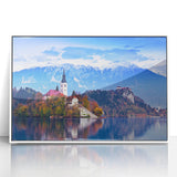 Framed acrylic print of a Slovenian landscape in muted green and blue tones, ideal for modern art wall decor.