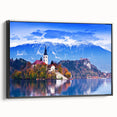 Black and white wall art of a Slovenian landscape on framed canvas, ideal for bedroom decor.