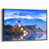 Black and white wall art of a Slovenian landscape on framed canvas, ideal for bedroom decor.