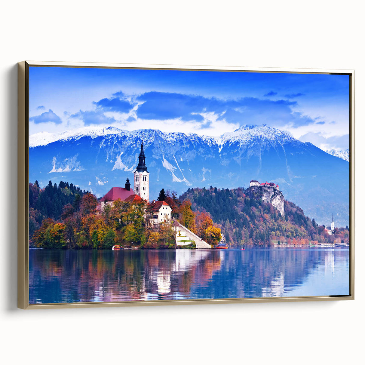 Framed canvas depicting a vintage-style Slovenian landscape with vibrant colors and black borders.