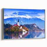 Vintage poster art of a Slovenian landscape in vibrant colors on a silver-framed canvas, ideal for living room decor.