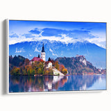 Framed canvas depicting a serene Slovenian landscape in muted earth tones, ideal for bedroom wall art.