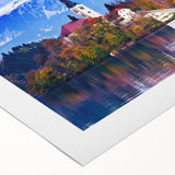 Art deco poster of a Slovenian landscape in muted earth tones on rolled canvas, suitable for dining room decor.